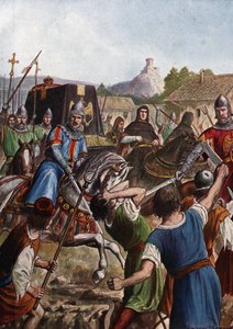 The funeral cortege of Emperor Otto III of the Holy Roman Empire (980-1002) takes the remains through Italy towards Aachen fighting in its passage against revolted populations by Tancredi Scarpelli