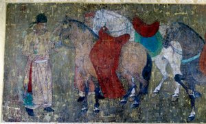 Chinese Art: Two Palefreniers Driving Four Horses in an Imperiale Stable (detail) by Tang Dynasty Chinese School