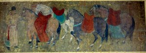 Chinese Art: two palefreniers driving four horses in an imperial stable. Fragment of a silk paint roll attributed to Han Kan, painter of the court of Emperor Hiuan Tsong. Tang period. Paris, Musee Cernuschi