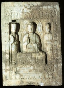 Stele representing the Buddha surrounded by his two attendants, 618-907
