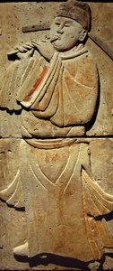 Terracotta stele with musician, Tang Dynasty (618-907), discovered in Shaanxi Province, Steles Forest Museum in Xian (Photography, Leonard de Selva, China, 2006) by Tang Dynasty Chinese School