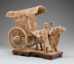 Two-wheeled ox cart with ox and two standing attendants