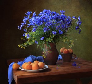 Blue Cornflowers And Apricots by Tatyana Skorokhod