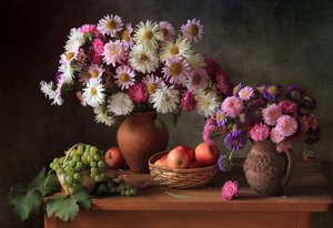Colorful Asters and Fruit