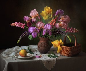 Irises and Lupines Still Life by Tatyana Skorokhod
