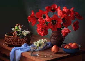 Red Tulips Country Still Life by Tatyana Skorokhod