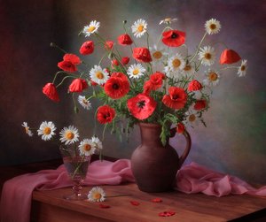 Rustic Poppy Daisy Bouquet by Tatyana Skorokhod