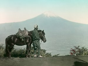 Japanese Man with Horse on Mount Otome, Toga Gazing at Mount Fuji, circa 1900 - 1915