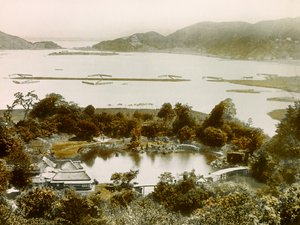 View of Rakurakuen Garden, Near Lake Biwa, circa 1900 - 1915