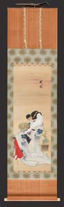 Beauty Holding a Fan Seated beside a Pot of Morning Glory