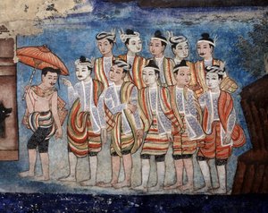 A Group of Thai Yai (Shan) Men, (detail) Murals of Viharn Laikam Portraying the Sang Thong Tales by Thai School