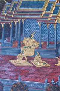 Mural depicting scenes from the Ramayana at Wat Phra Kaeo, the Royal Grand Palace, Bangkok, Thailand