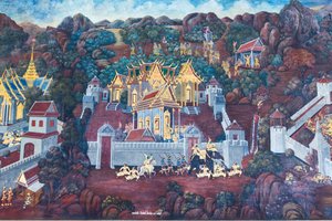 Mural depicting scenes from the Ramayana at Wat Phra Kaeo, the Royal Grand Palace, Bangkok, Thailand