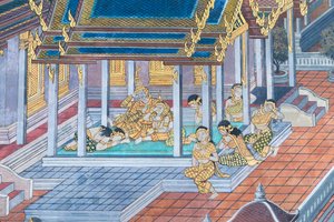 Mural depicting scenes from the Ramayana at Wat Phra Kaeo, the Royal Grand Palace, Bangkok, Thailand