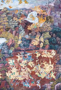 Mural depicting scenes from the Ramayana at Wat Phra Kaeo, the Royal Grand Palace, Bangkok, Thailand