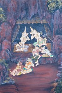 Mural depicting scenes from the Ramayana at Wat Phra Kaeo, the Royal Grand Palace, Bangkok, Thailand