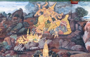 Mural Depicting Scenes from the Ramayana at Wat Phra Kaeo, the Royal Grand Palace, Bangkok, Thailand
