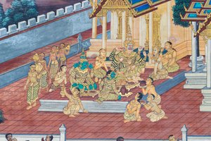 Mural depicting scenes from the Ramayana at Wat Phra Kaeo, the Royal Grand Palace, Bangkok, Thailand