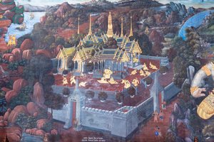 Mural depicting scenes from the Ramayana at Wat Phra Kaeo, the Royal Grand Palace, Bangkok, Thailand by Thai School