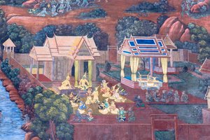 Mural depicting scenes from the Ramayana at Wat Phra Kaeo, the Royal Grand Palace, Bangkok, Thailand