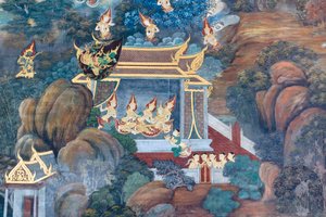 Mural depicting scenes from the Ramayana at Wat Phra Kaeo, the Royal Grand Palace, Bangkok, Thailand by Thai School
