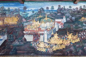 Mural Depicting Scenes from the Ramayana at Wat Phra Kaeo, the Royal Grand Palace, Bangkok, Thailand