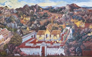 Murals depicting scenes from the Ramakian at at Wat Phra Kaeo, the Royal Grand Palace, Bangkok, Thailand