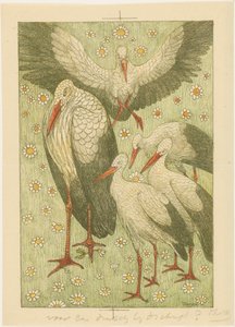 Five storks in a meadow by Theo van Hoytema