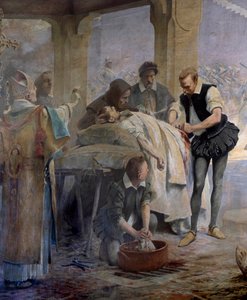 The doctor Ambroise Pare practices the ligation of the arteries on a harquebusier injured during the siege of Metz by Charles V in 1553 (detail)