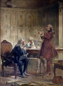 The naturalist Georges-Louis Leclerc, Count of Buffon reads the first sheets of his natural history in front of the botanist Bernard de Jussieu and the naturalist Edme-Louis Daubenton by Theobald Chartran