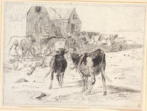 Hay harvest on Saltholm. Calves flock around wagons by the barn by Theodor Philipsen