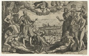 Comparison between Orange and Alva, with the Spanish Fury in the background, ca. 1577