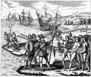 Christopher Columbus (1451-1506) Genoese explorer, discovering America - 12 May 1492. From engraving by Theodore de Bry 1590. by Theodor de Bry