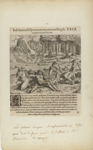 Indisaeuitiae Hispanorum Impatientes Sibi Psis/Manus Violentas Inserunt. XXIII. (from book, Americae, part four) by Theodor de Bry