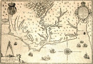 Map of 1590 engraved by Theodore de Bry after watercolour by the English colonist John White, governor of Roanoke. Virginia and coast with small islands and Roanoke at mouth of river. Secotan and Weapemeoc native lands by Theodor de Bry