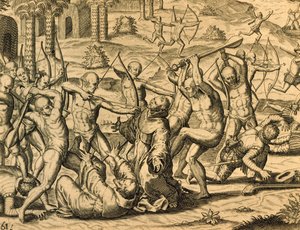 Martyrdom of Missionary Monks in South America, engraving from Historia Americae, by Theodor de Bry by Theodor de Bry