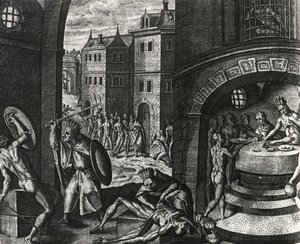 Priest kills victim of fake fight and then skins body, Mexico, engraving from Peregrinationes, by Theodor de Bry by Theodor de Bry
