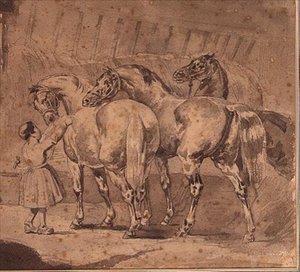 Little girl feeding horses in a stable