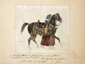A Harnessed Horse Led by a Mameluk, Two Pyramids in the Background
