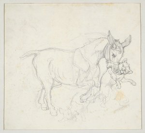 Donkey Holding Dog in its Mouth (recto); Study of Deer Chased by Dogs, Doe