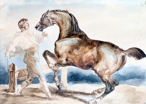 Man training (breaking) a horse