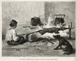 A young Montenegrin roasting a sheep with the Albanian, seated in front of the fire and constantly turning the wooden pin. Engraving after Valerio