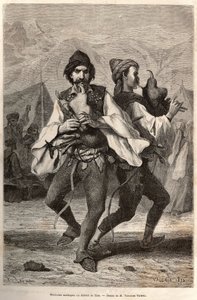 Morlac musicians from the district of Zara in traditional costume. Engraving illustrating a voyage