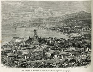 The city of Yalta, taken from Massandra, drawing by Th.Weber, to illustrate the story Four Months in Russia, in 1876, by F. De Mely. Engraving in Le tour du monde by Theodore Weber