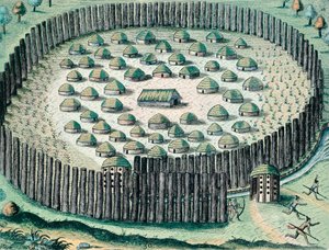A Fortified Indian Village, Illustration from The Discourse of Florida by Theodore de Bry (engraving)