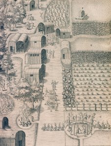 A native Indian village surrounded by cultivated land in Virginia
