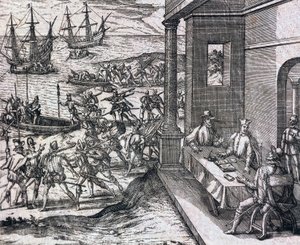 Agreement between Francisco Pizarro, Diego de Almagro and Hernando de Luque to explore and exploit Peru by Theodore de Bry