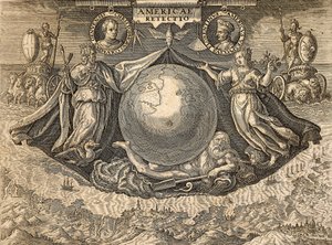Allegory of West Indies or Americas, with Portraits of Navigators Christopher Columbus and Amerigo Vespucci by Theodore de Bry