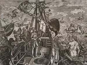 Allegory of the Journey of Christopher Columbus to the Discovery of the New World, engraving by Theodor de Bry by Theodore de Bry