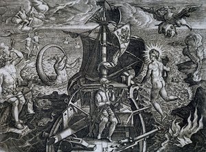 Allegory of voyages of Ferdinand Magellan, engraving